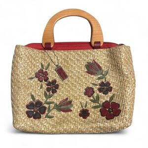 Floral Embroidered Straw Handbag with Wooden Handles